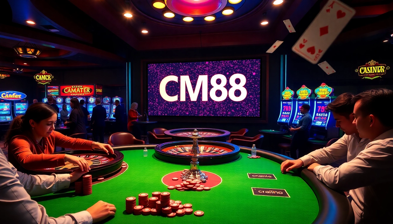 Gambling excitement with CM88 showcased at a luxurious poker table and roulette wheel.