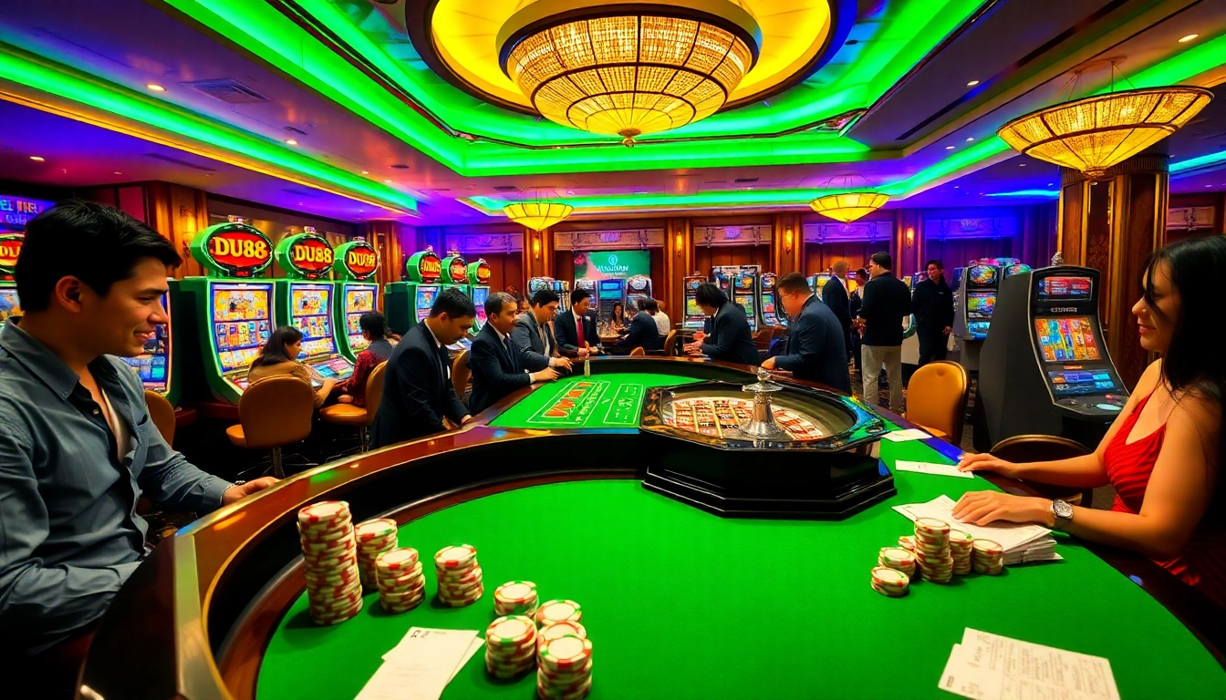 Players enjoying exciting games at DU88 casino with vibrant roulette and slot machines.
