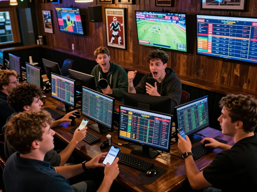 Friends enjoying sports betting at nhà cái KONG88 with live event displays and intense focus.