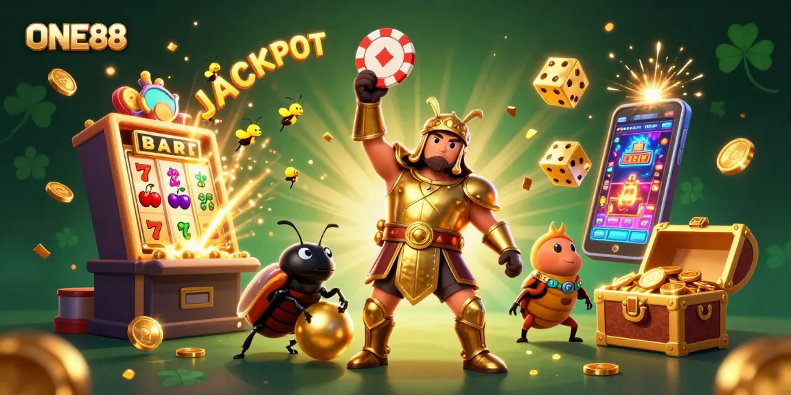 Engaging 3D illustration featuring ONE88, highlighting a beetle hero, casino elements, and thrilling jackpot vibes.
