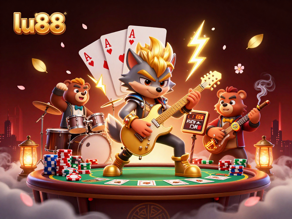 Engage with lu88's thrilling poker action scene featuring energetic characters and vibrant casino elements.