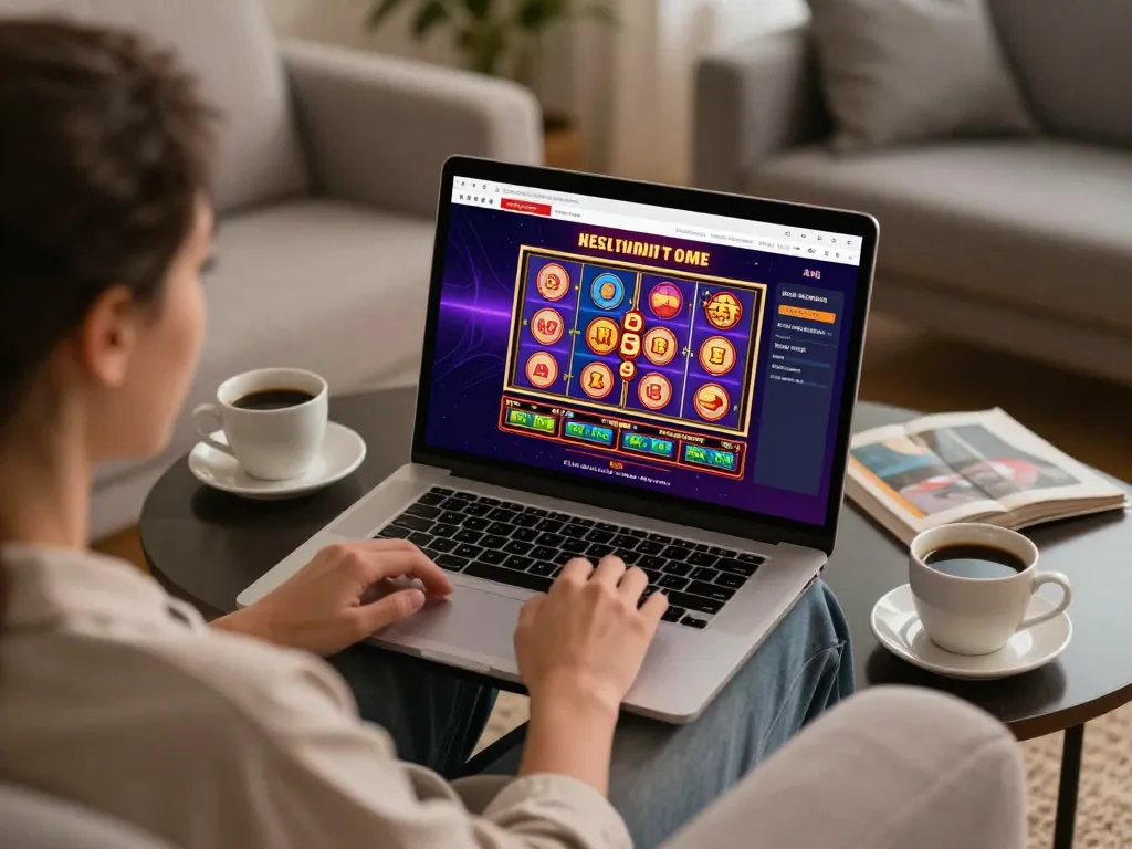 Engaging with the sky88 online slot machine game on a laptop in a cozy home setting.