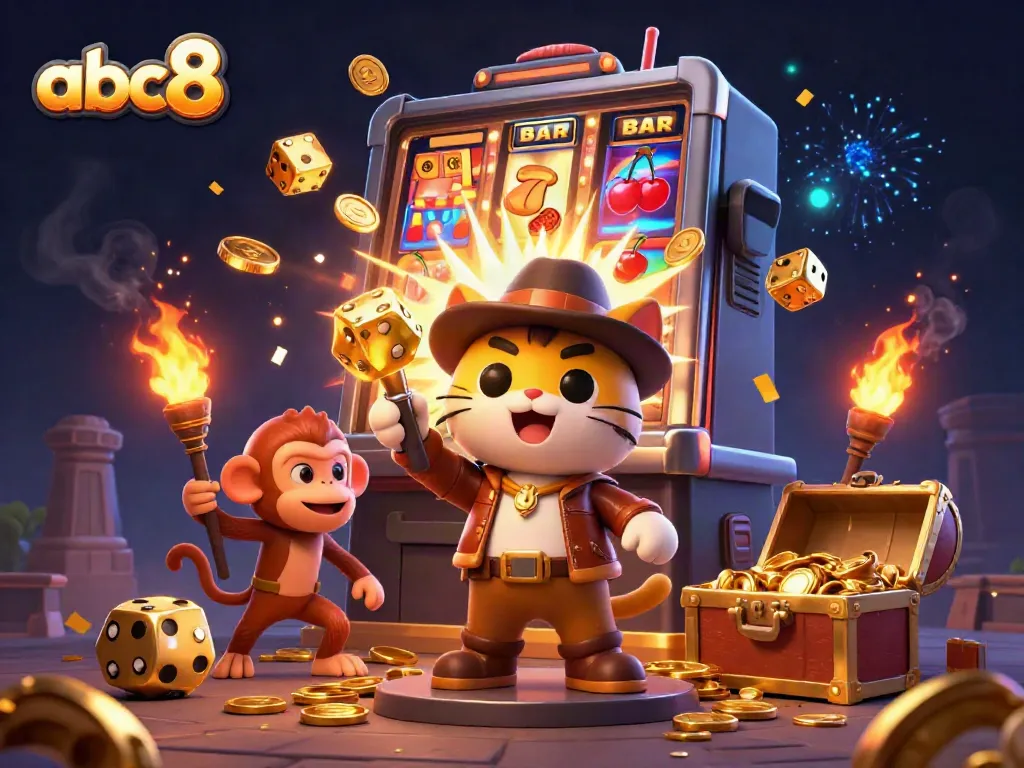 Experience thrilling jackpots at abc8 with vibrant casino graphics and characters exploring a treasure-filled temple.