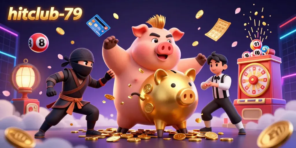 Experience thrilling wins at hitclub-79 with a lively casino scene featuring colorful lottery balls and engaging characters.