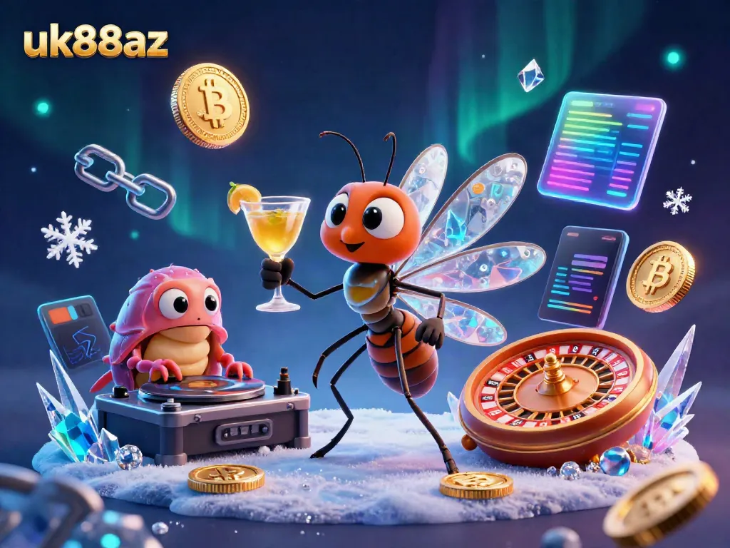 Engage with uk88az through a vibrant 3D casino scene featuring animated characters and crypto elements.