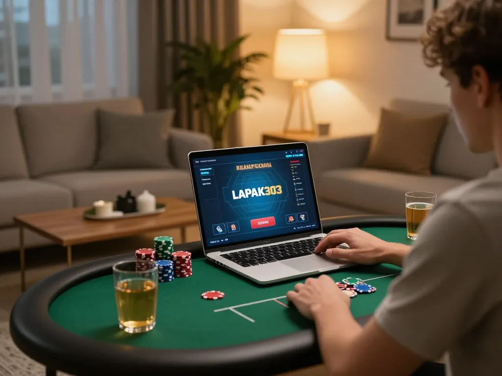 LAPAK303 poker gameplay on a laptop in a cozy living room setup with chips and drinks