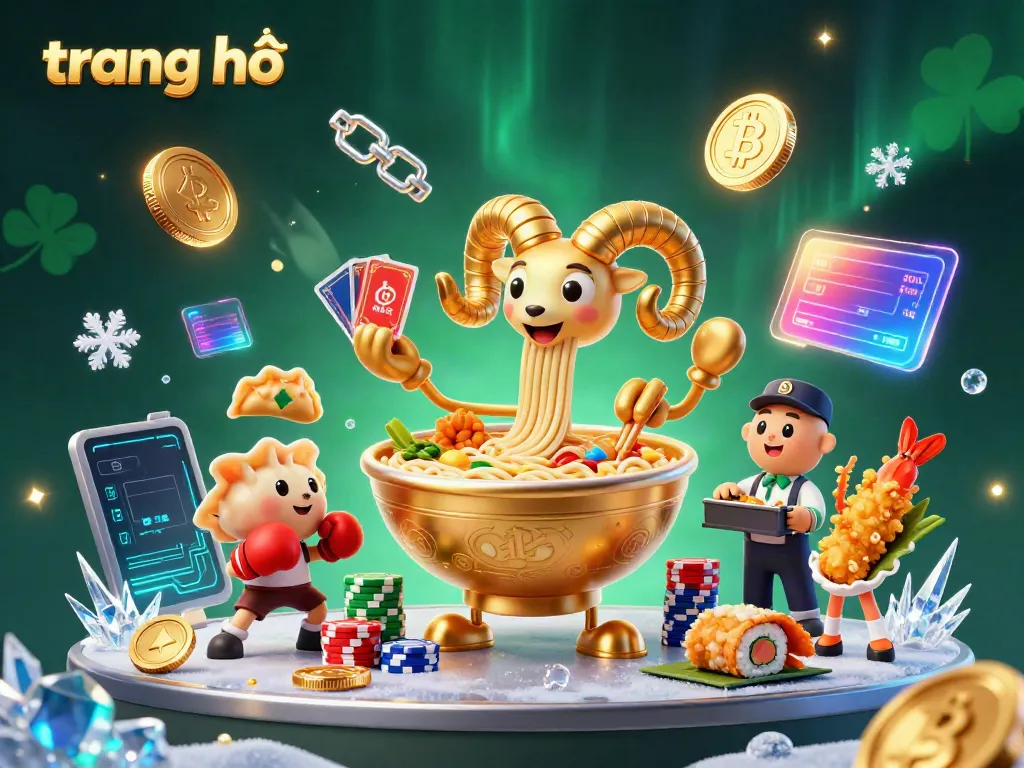 Engaging trang chủ illustration featuring characters in a vibrant casino scene with a ramen bowl dealer.