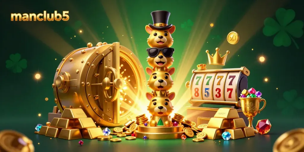 Experience the excitement of manclub5 with a dazzling 3D casino scene showcasing treasures and gaming elements.