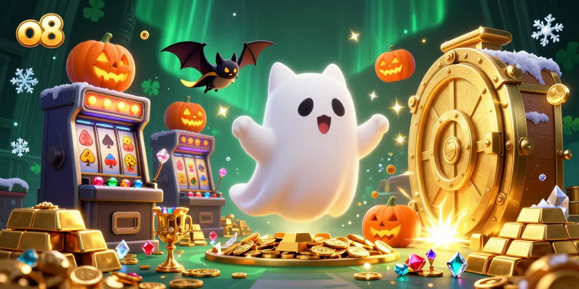 Play exciting games at o8, featuring a ghost cat and bat in a vibrant haunted casino.