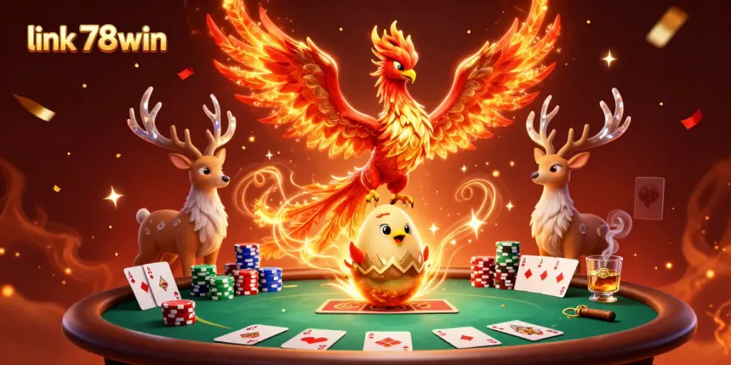 Experience the thrill of gaming at link 78win with vibrant phoenix characters amidst poker tables and celebratory confetti.