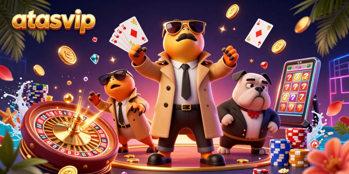 Experience the fun at atasvip with vibrant animated characters in a busy casino scene.