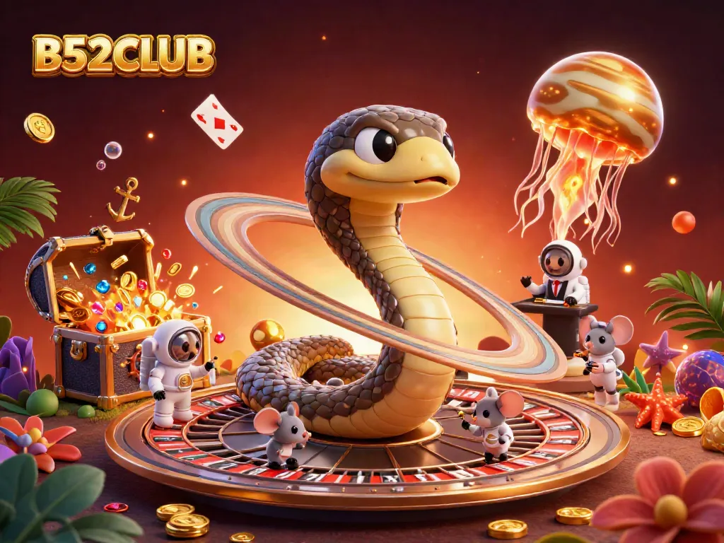 B52CLUB casino scene featuring a snake roulette, astronaut mice betting, and a jellyfish dealer.