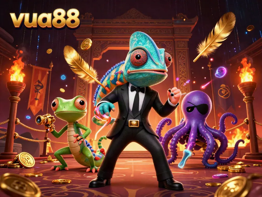 Get ready to enjoy thrilling games at vua88, with a vibrant 3D casino scene showcasing engaging elements!
