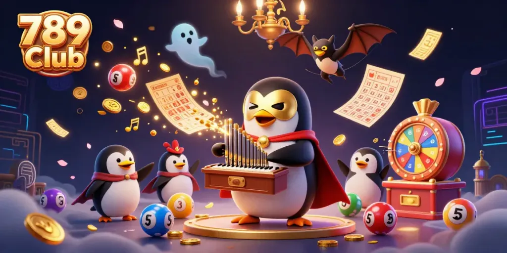 Play exciting games and win at 789 Club with the energetic penguin and bat acrobat illustration.