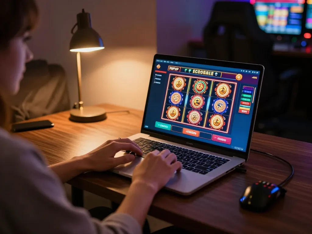Playing PHPVIP casino games on a laptop in a cozy gaming setup, highlighting engaging online experience