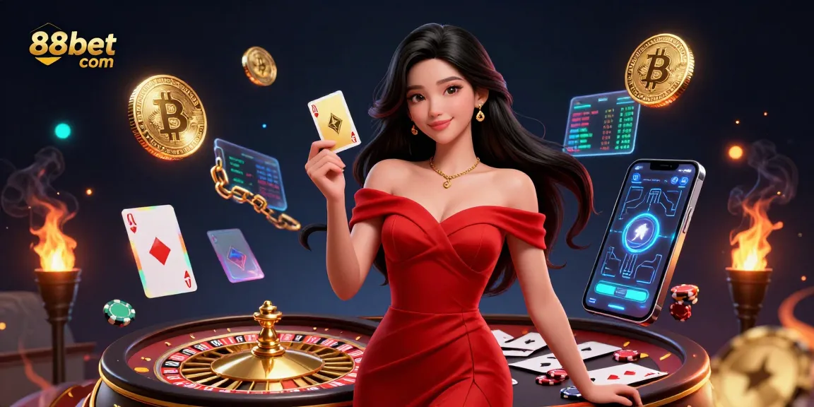 Experience thrilling gameplay at 88bet com with a stunning illustration of a confident player by a golden roulette wheel.