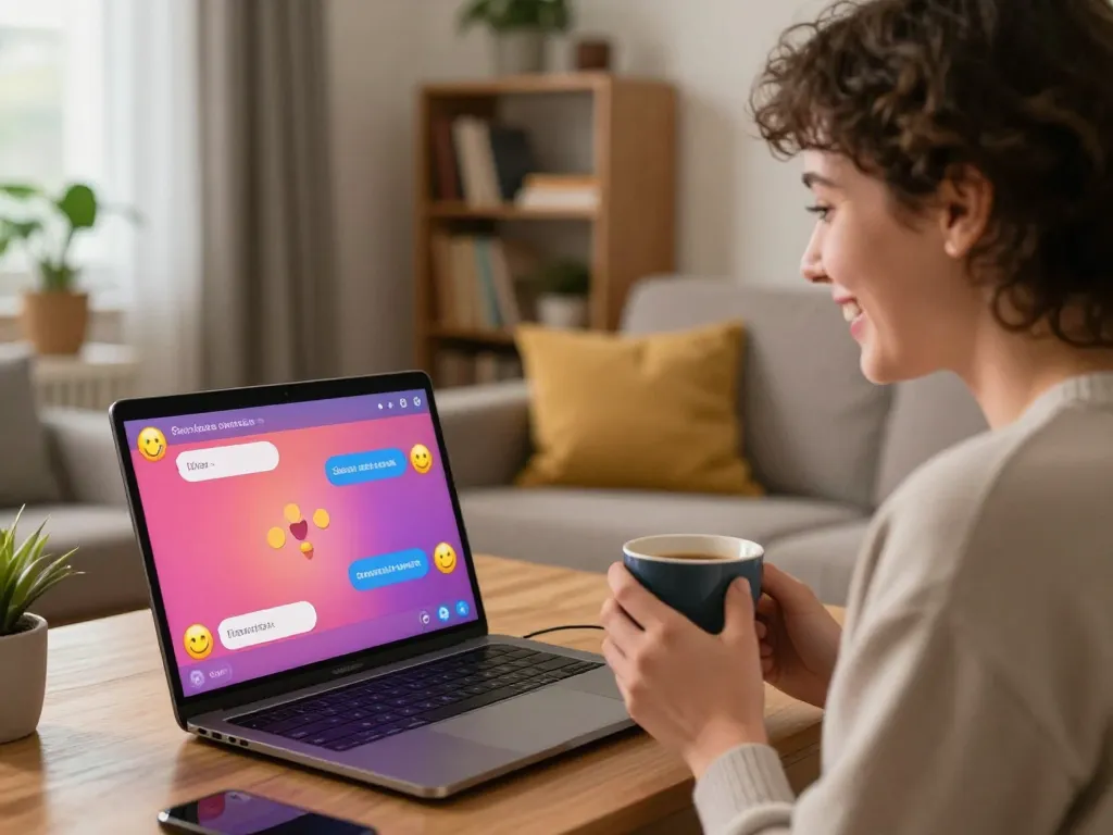 Engaging scene of cozy sex chat conversation with users smiling over laptops in a warm living room.