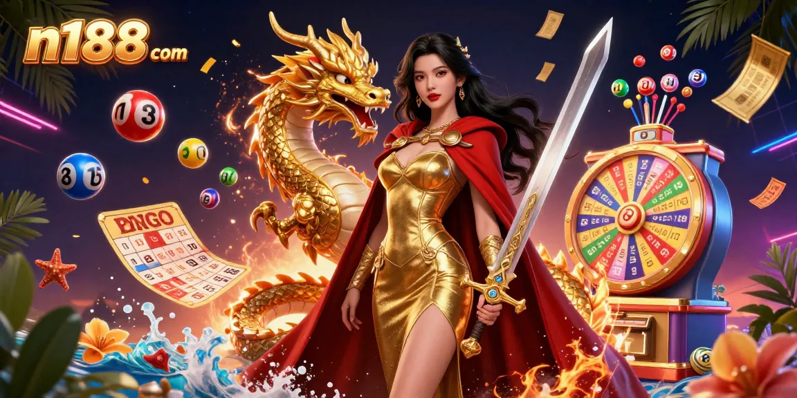 Experience thrilling gaming at N188 com, featuring vibrant lottery elements and a warrior queen surrounded by excitement.