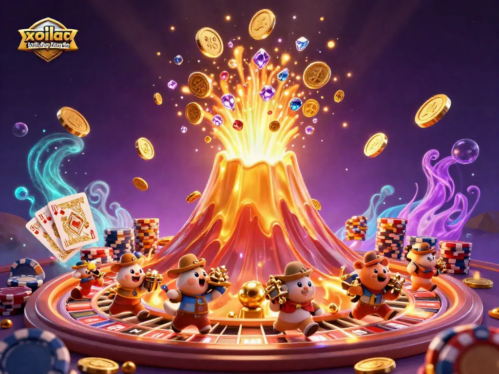 Xoilac tv trực tiếp bóng đá highlights thrilling 3D cartoon scene with a golden volcano erupting coins and gems in a vibrant casino setting.