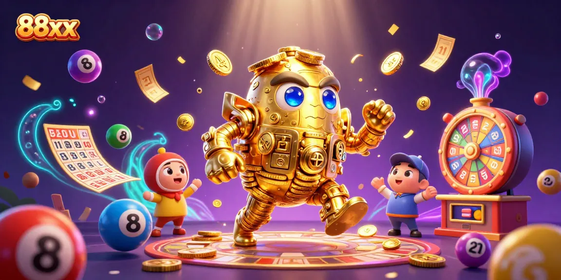 Engage with 88xx's vibrant lottery scene featuring dynamic elements and a golden golem.