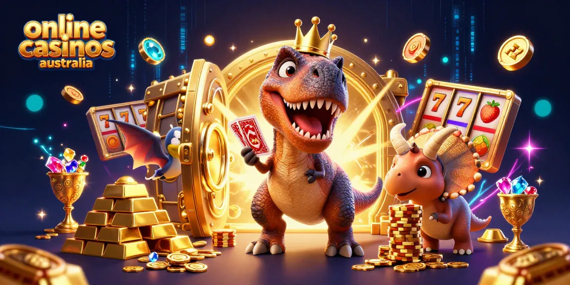 Exciting scene showcasing vibrant online casinos australia features with cartoon dinosaurs and golden treasures.