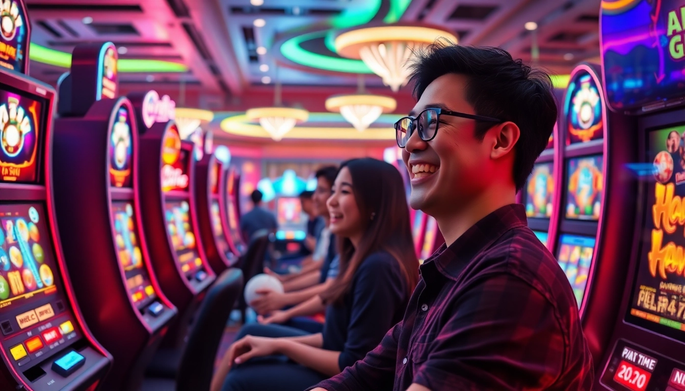 Nổ Hũ gaming experience with players at vibrant slot machines in a modern casino setting.
