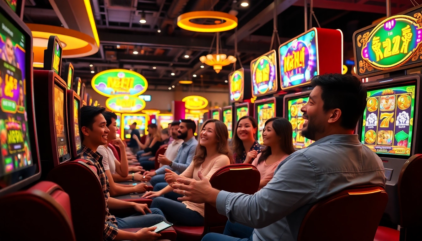 Nổ Hũ players celebrating wins in a vibrant casino setting