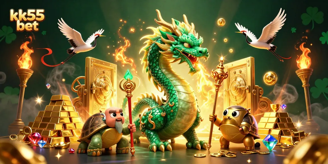 Engage in thrilling gameplay with kk55 bet, featuring a jade dragon and lucky cranes among treasures.