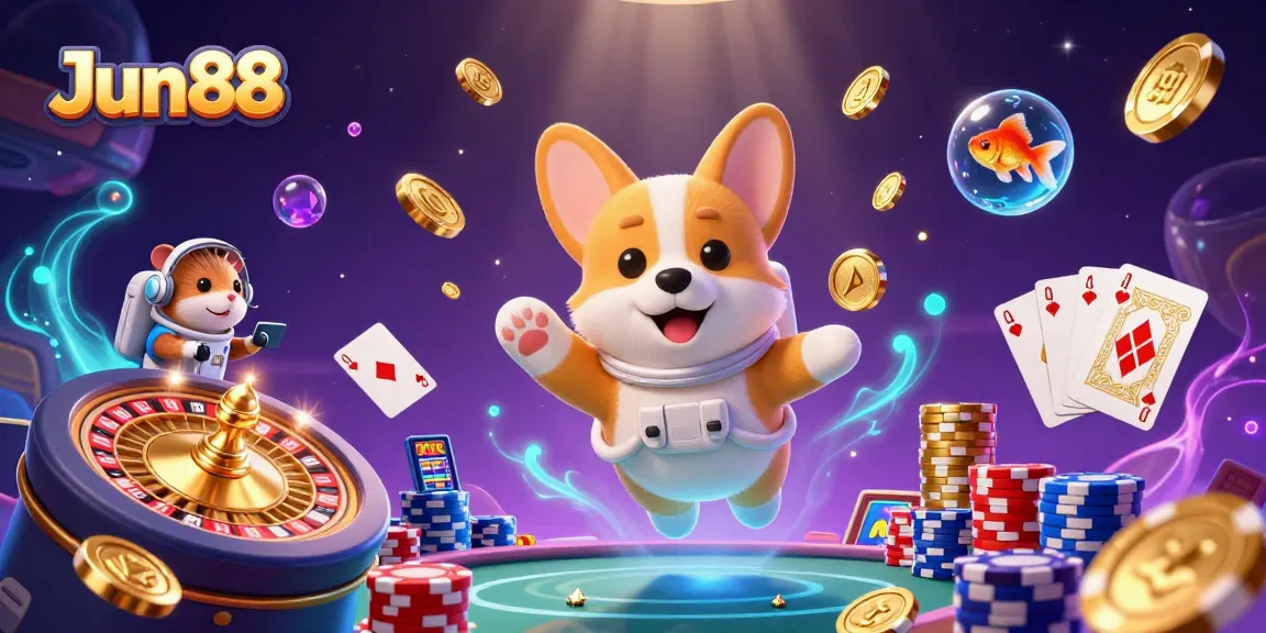 Join the excitement at Jun88 casino with playful characters in a vibrant space-themed gaming adventure!