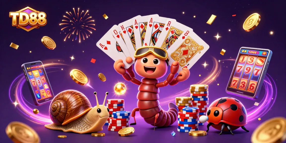 TD88 features vibrant casino excitement with a millipede dealer, high-roller snail, and festive game elements.