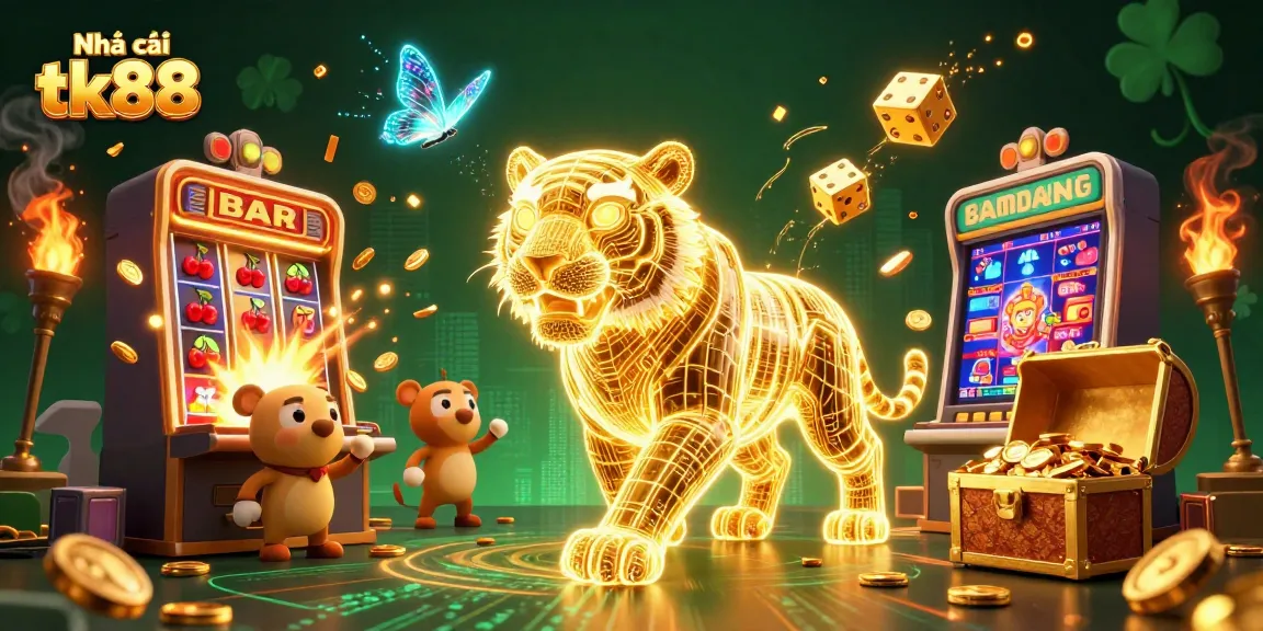Experience thrilling wins at Nhà cái tk88 with vibrant casino scene of jackpots and slot machines.