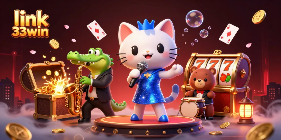 link 33win features a dynamic casino scene with vibrant characters and gaming elements.