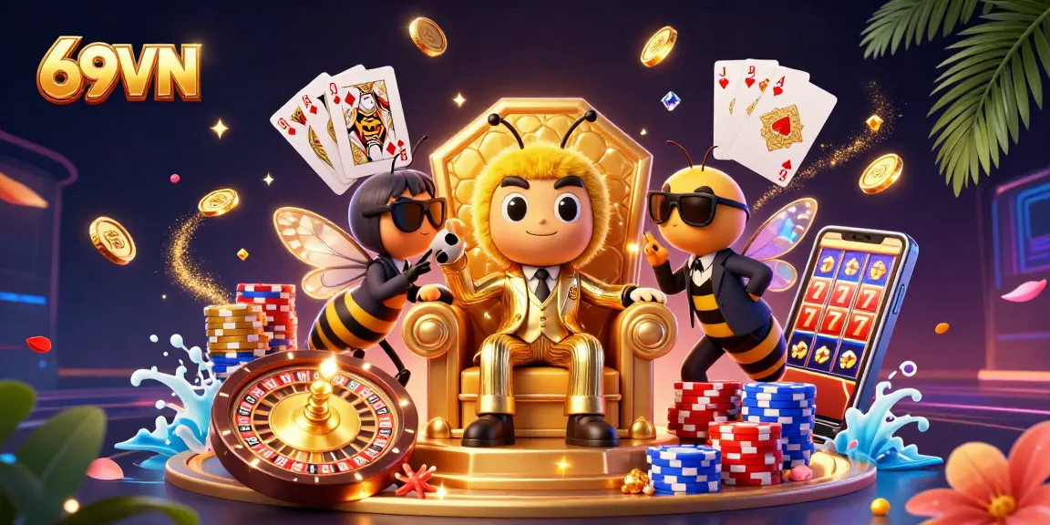 Engage in thrilling gaming at 69VN with a stylish bee mob boss surrounded by sparkling rewards and casino elements.
