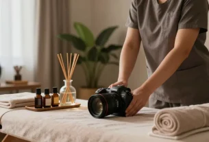 화성출장마사지 in a cozy home setting with a professional therapist preparing for a relaxing session.