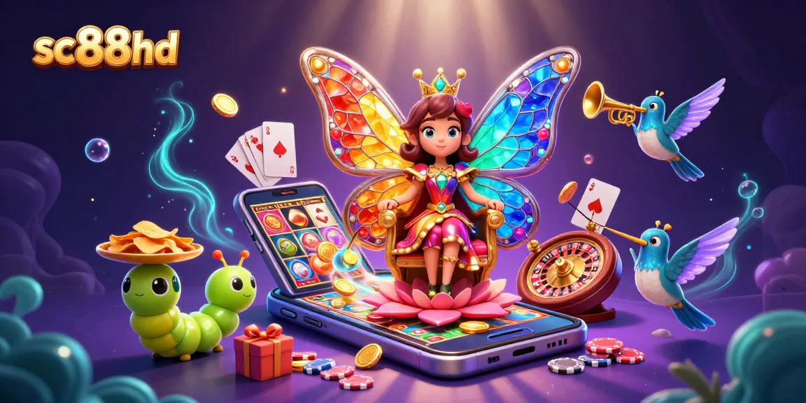 Engage with sc88hd's enchanting casino world featuring a butterfly queen and various gaming elements.